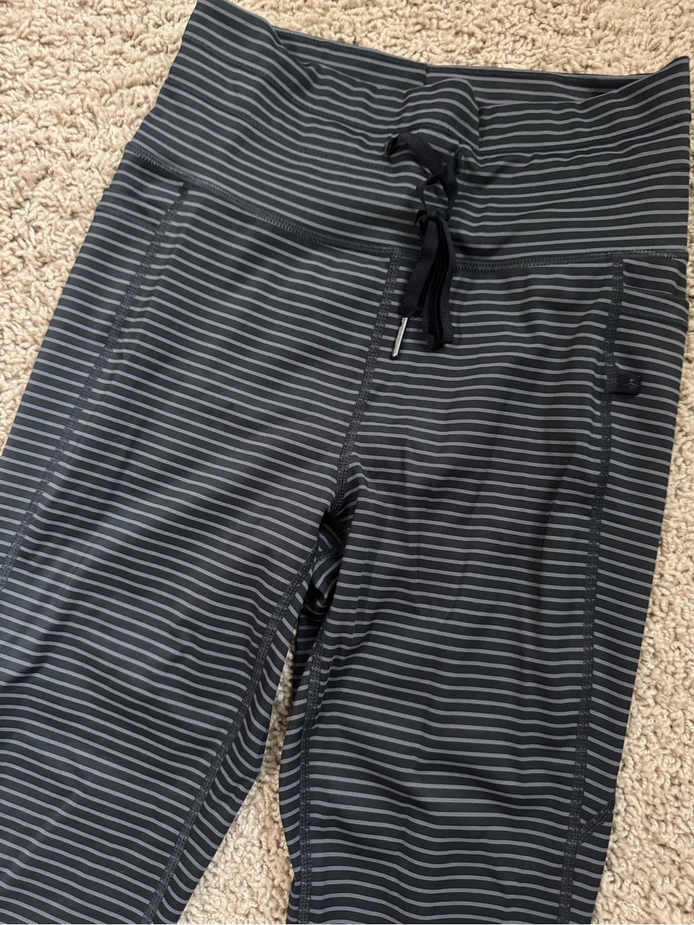 Striped Black & Gray Athletic Leggings with Drawstring